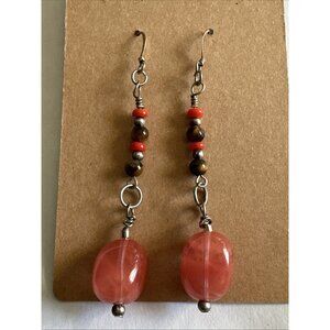 Pink Quartz Tigers Eye Coral Silver Tone Dangle Drop Pierced Earrings  Boho 3”